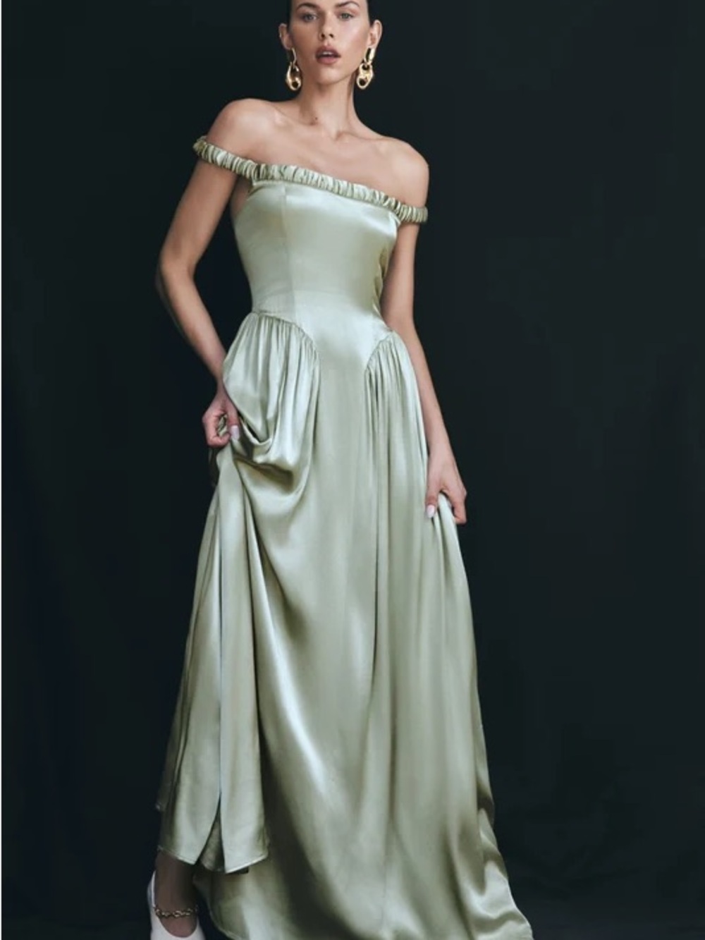Meshki One-Shoulder Satin Gown in Pale Sage
